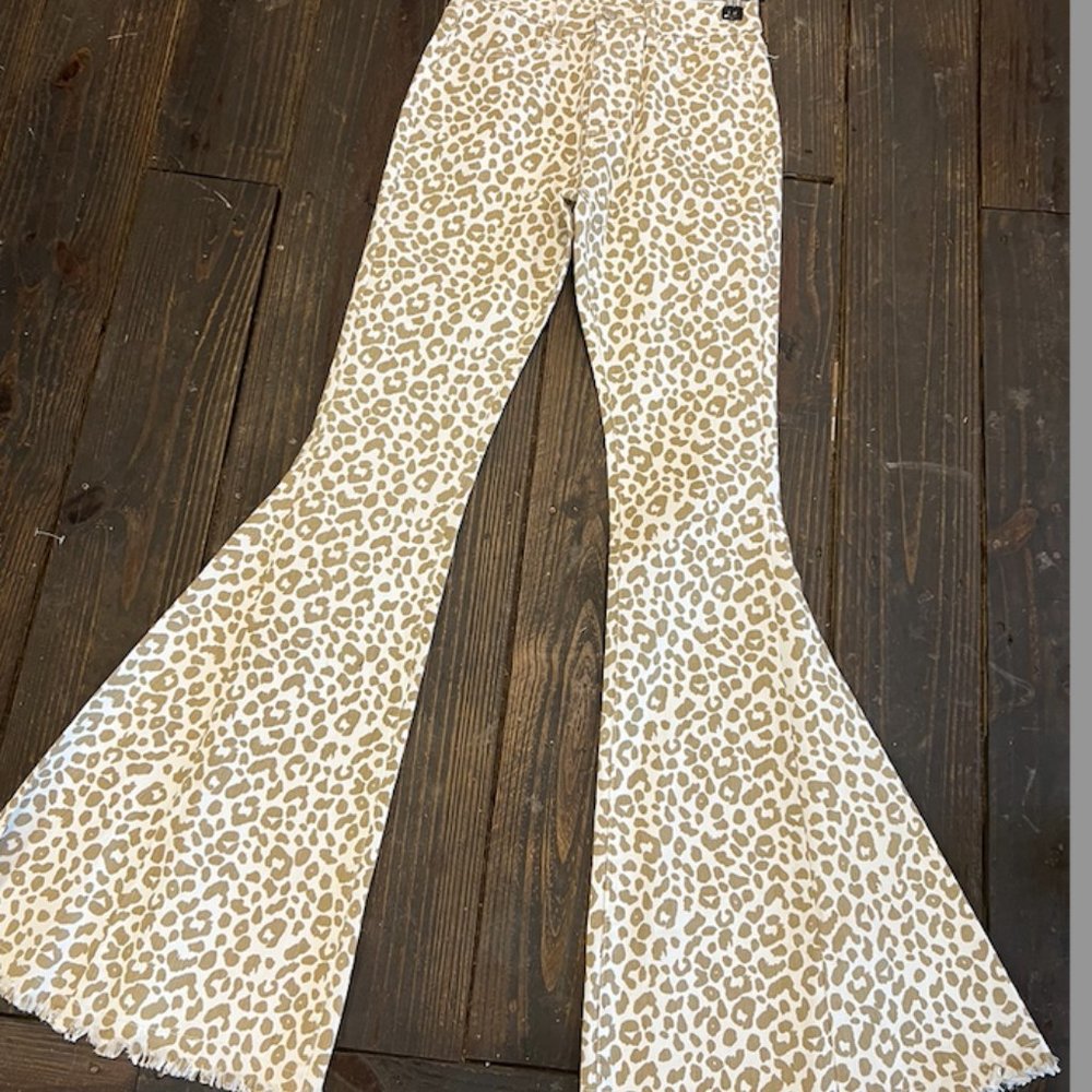 White & Tan Leopard Print Flare Jeans